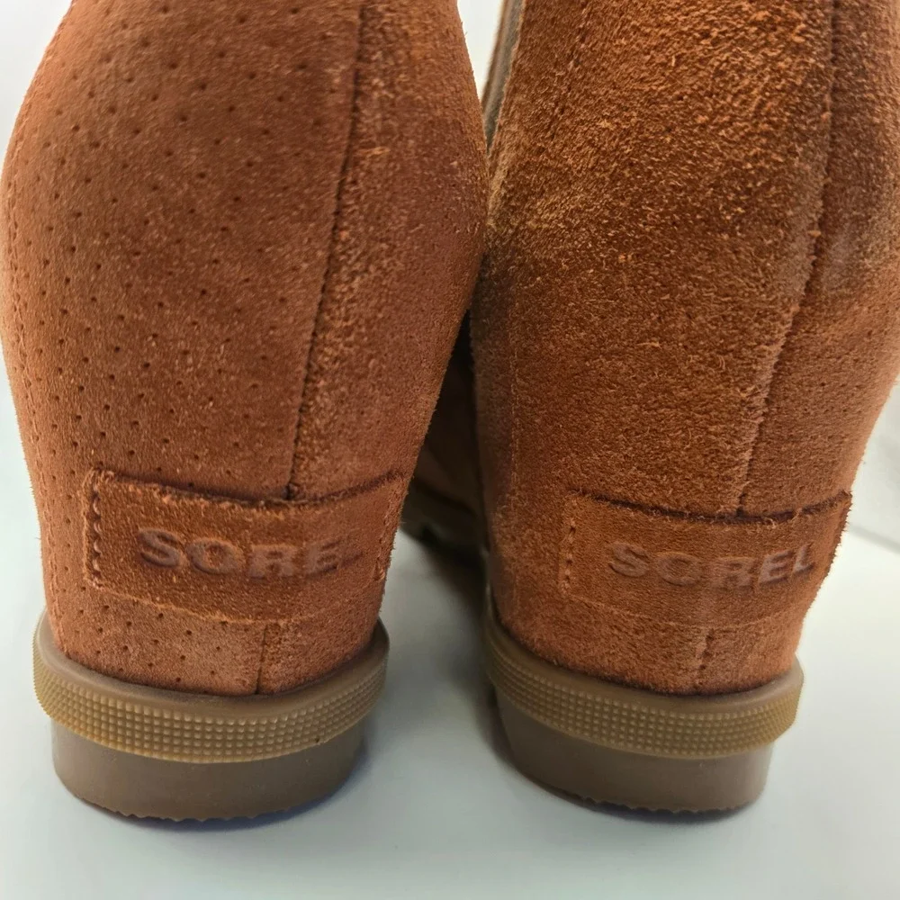 Sorel Joan of Arctic Wedge Ankle Boots Brown Suede Chelsea Booties Womens